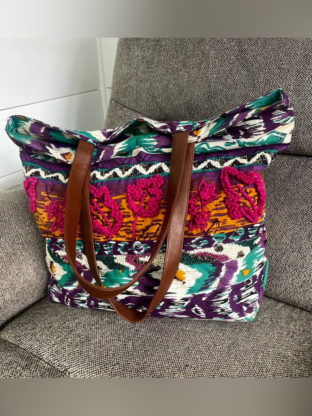 Boho Multicolor Embroidered & Beaded Tote Bag